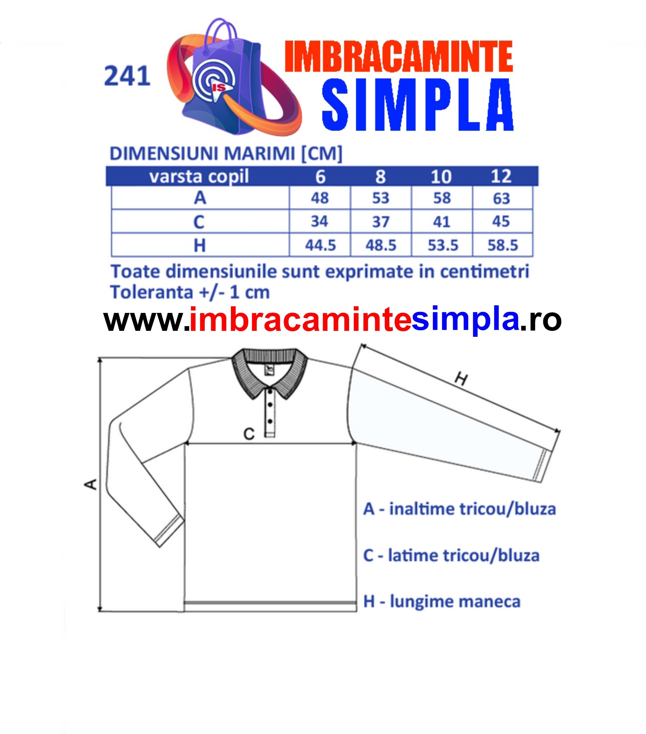 Bluza Polo Copii Baieti si fete tabelul cu marimi si dimensiuni